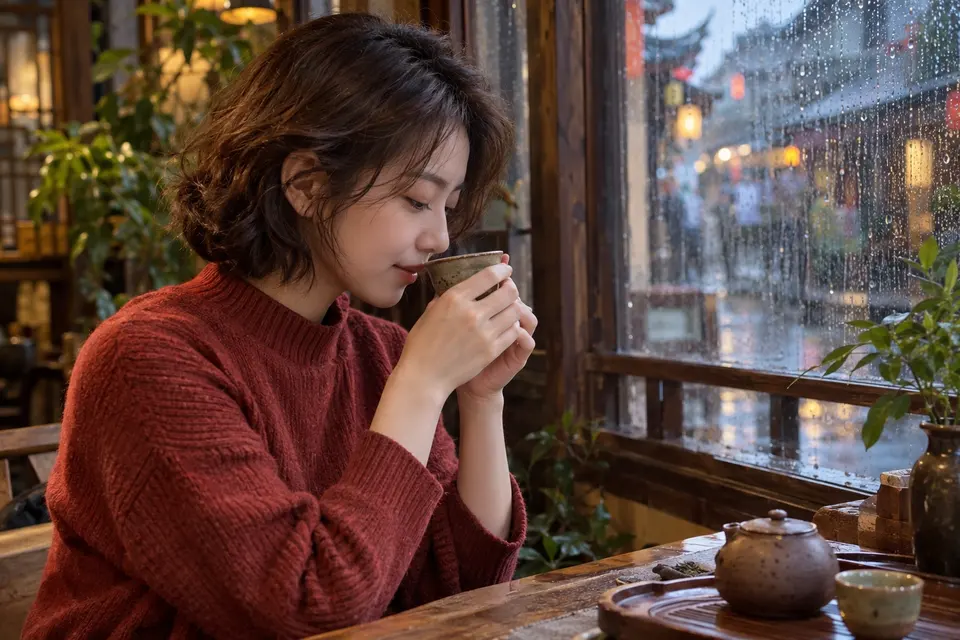 长沙雨天窗边，年轻女性用陶杯闻香品茶
