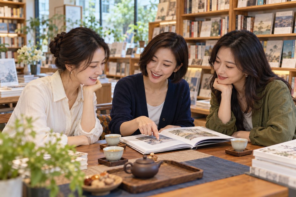 书店内几位茶友围坐交流，桌上有书与茶杯